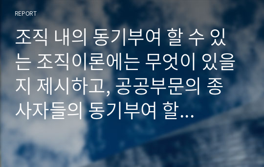 조직 내의 동기부여 할 수 있는 조직이론에는 무엇이 있을지 제시하고, 공공부문의 종사자들의 동기부여 할 수 있는 방안에는 무엇이 있을지 토론하시오