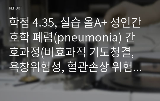 학점 4.35, 실습 올A+ 성인간호학 폐렴(pneumonia) 간호과정(비효과적 기도청결, 욕창위험성, 혈관손상 위험성)-진단3개 계획까지