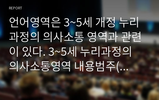 언어영역은 3~5세 개정 누리과정의 의사소통 영역과 관련이 있다. 3~5세 누리과정의 의사소통영역 내용범주(듣기와 말하기, 읽기와 쓰기에 관심가지기, 책과 이야기 즐기기)에 따른 내용 범주별 영역을 구성하시오. 그리고 다음 중 한 가지를 선택하여 언어 흥미영역에서 가능한 활동계획안을 작성하시오.