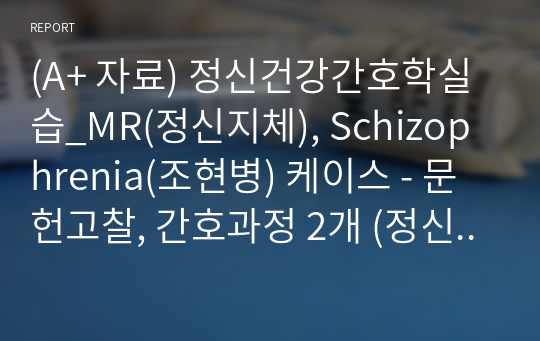 (A+ 자료) 정신건강간호학실습_MR(정신지체), Schizophrenia(조현병) 케이스 - 문헌고찰, 간호과정 2개 (정신지체와 관련된 언어적 의사소통 장애, 장기간 입원과 관련된 사회적 고립)