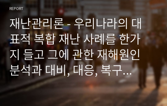 재난관리론 - 우리나라의 대표적 복합 재난 사례를 한가지 들고 그에 관한 재해원인분석과 대비, 대응, 복구 방안을 기술하시오