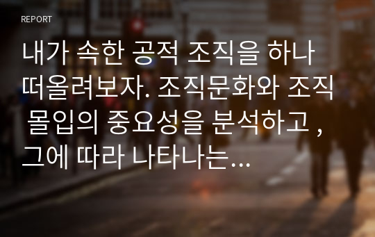 내가 속한 공적 조직을 하나 떠올려보자. 조직문화와 조직 몰입의 중요성을 분석하고 , 그에 따라 나타나는 효과적, 효율적 결과들을 예측해 보자.