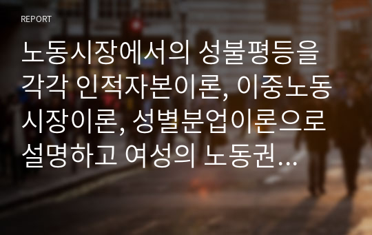 노동시장에서의 성불평등을 각각 인적자본이론, 이중노동시장이론, 성별분업이론으로 설명하고 여성의 노동권을 보장하는 방안을 논의하시오.