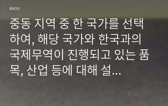 중동 지역 중 한 국가를 선택하여, 해당 국가와 한국과의 국제무역이 진행되고 있는 품목, 산업 등에 대해 설명하시오.