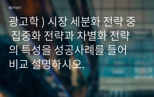 광고학 ) 시장 세분화 전략 중 집중화 전략과 차별화 전략의 특성을 성공사례를 들어 비교 설명하시오.