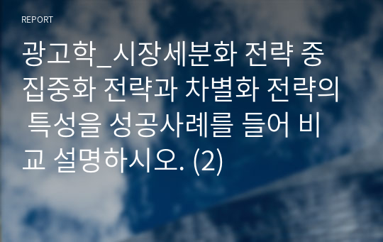 광고학_시장세분화 전략 중 집중화 전략과 차별화 전략의 특성을 성공사례를 들어 비교 설명하시오. (2)