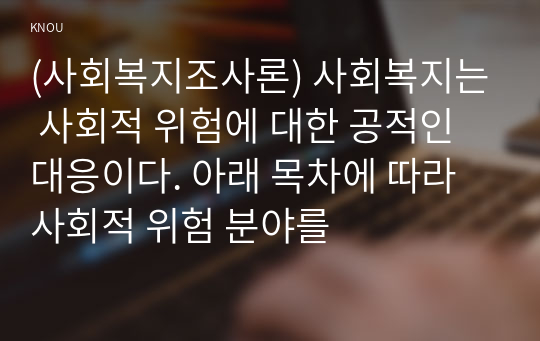 (사회복지조사론) 사회복지는 사회적 위험에 대한 공적인 대응이다. 아래 목차에 따라 사회적 위험 분야를