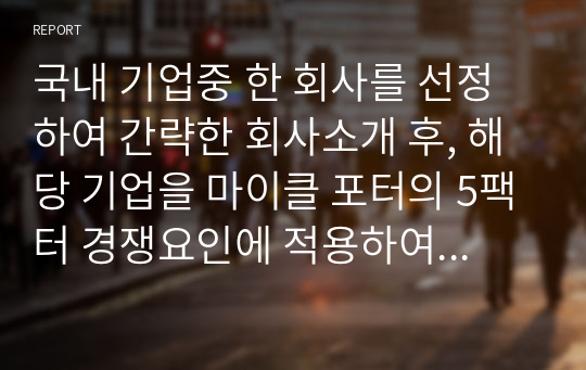 국내 기업중 한 회사를 선정하여 간략한 회사소개 후, 해당 기업을 마이클 포터의 5팩터 경쟁요인에 적용하여 경쟁력을 분석하시오.