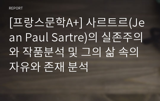 [프랑스문학A+] 사르트르(Jean Paul Sartre)의 실존주의와 작품분석 및 그의 삶 속의 자유와 존재 분석