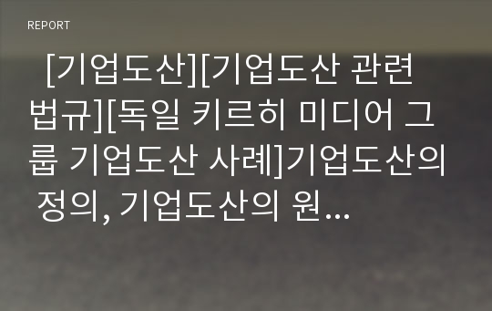   [기업도산][기업도산 관련 법규][독일 키르히 미디어 그룹 기업도산 사례]기업도산의 정의, 기업도산의 원인, 기업도산의 징후, 기업도산 관련 법규, 기업도산 관련 제언(독일 키르히 미디어 그룹의 기업도산 사례)