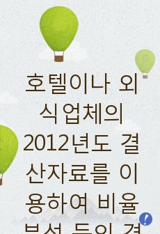 호텔이나 외식업체의 2012년도 결산자료를 이용하여 비율분석 등의 경영분석을 하시오