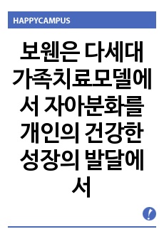 보웬은 다세대 가족치료모델에서 자아분화를 개인의 건강한 성장의 발달에서 필수적인 요소가 된다고 하였다. 이를 토대로 가계도를 도식화하여 자기성찰을 해보세요.