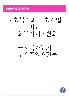 1.사회복지와 사회사업을 비교하여 서술하고 사회복지의 개념 변화를 설명하시오. 2.복지국가의 위기론의 등장배경과 신보수주의 재편전략은 무엇이며 제3의 길에 대해 서술하시오.