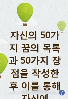 자신의 50가지 꿈의 목록과 50가지 장점을 작성한 후 이를 통해 자신에 대해 알게 된 점, 느낀 점, 앞으로의 소망 등을 기술하시오.