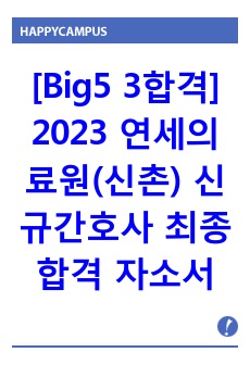 [Big5 3합격] 2023 연세의료원(신촌) 신규간호사 최종합격 자소서_합격인증O(연세의료원, 서울대학교병원, 서울성모병원 최종합격자)