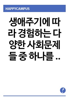 생애주기에 따라 경험하는 다양한 사회문제들 중 하나를 선택하여 그들이 경험하는 심각한 사회문제나 이슈를 찾아 문제점과 해결방안을 제시하시오.