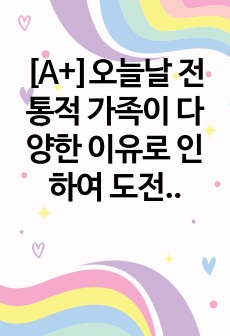 [A+]오늘날 전통적 가족이 다양한 이유로 인하여 도전을 받고 해체 과정에 있는 바, 이에 대한 배경, 원인 및 가족을 이해하는 관점에 대해 각자가 고민해 봅시다.