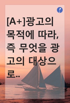 [A+]광고의 목적에 따라, 즉 무엇을 광고의 대상으로 하느냐에 따라 6가지로 분류할 수 있습니다. 6가지에 대한 개념을 제시하고, 이 중 3가지를 선택한 후 이와 관련된 최근 광고의 사례를 제시해봅시다.