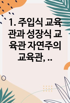 1. 주입식 교육관과 성장식 교육관 자연주의 교육관, 진보주의 교육관, 실존주의 교육관을  비교 설명하고, 그 교육적 시사점을 논하시오.2. 매슬로우Maslow의 욕구위계이론에 대해 설명하고, 그 교육적 시사점을 논..