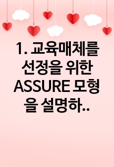 1. 교육매체를 선정을 위한 ASSURE 모형을 설명하시오.  1. 수강생의 주변인의 건강행동을 개선하기 위하여 보건교육을 실시한다고 가정하고, ASSURE 모형을 적용하여 보건교육 내용을 구체적으로 작성해보시오. ..