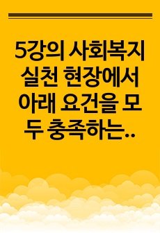 5강의 사회복지실천 현장에서 아래 요건을 모두 충족하는 실천 현장 한 곳을 선정하여, 그 실천 현장에 대한 인터넷 홈페이지, SNS, 블로그, 관련 기사 등의 검색을 통해 방문 보고서를 작성하시오.