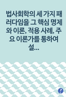 법사회학의 세 가지 패러다임을 그 핵심 명제와 이론, 적용 사례, 주요 이론가를 통하여 설명