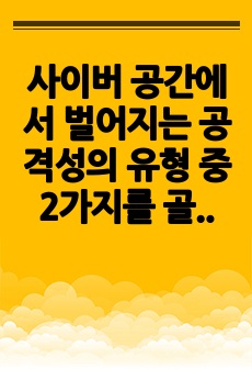 사이버 공간에서 벌어지는 공격성의 유형 중 2가지를 골라 구체적인 예를 들어 설명하시오