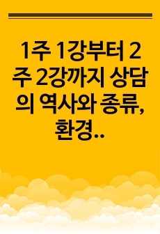 1주 1강부터 2주 2강까지 상담의 역사와 종류, 환경, 상담자와 내담자, 상담윤리 등에 대해서 학습을 하였습니다. 특히, 최근의 상담자들이 늘어나고 있는 상황에서 전문가인 상담자로서의 역할을 감당하기 위해서 필요한..